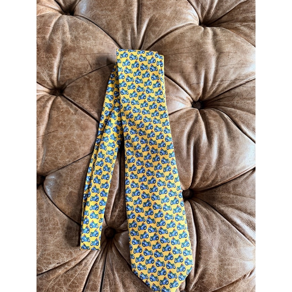 Lauren Ralph Lauren Mens Yellow Silk Motorcycle Print Tie Hand Finished USA